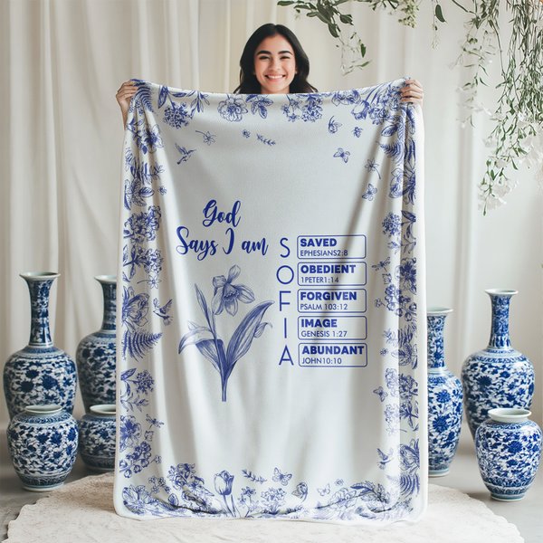 Personalised Toile De Jouy Birth Flower Bible Chapter Name Soft Throw Blanket Baptism Birthday Christmas Gift for Women Christians