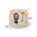 Personalized Birth Flower Cartoon Character Corduroy Sanitary Napkin Storage Bag with Name Portable Travel Essentials Daily Use Gift for Women