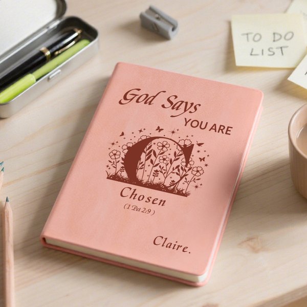 Personalized God Says You Are Bible Flower A5 Leather Travel Journal Notebook with Name and Initial Birthday Inspirational Gift for Girl Family