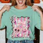 Personalized Halloween Theme Preppy Coquette T-shirt Sweatshirt with Initial Halloween Party Gift for Family Friends