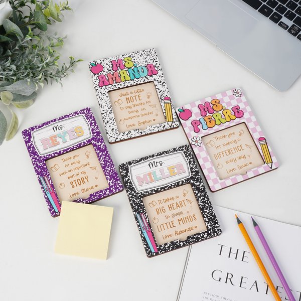 Personalized Checkered Composition Book Design Sticky Note Holder Set with Text Back to School Appreciation Teacher's Day Gift for Teachers
