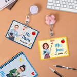 Personalized Multicolor Cartoon Teacher ID Badge Buddy with Title and Text Back to school Essentials Appreciation Gift for Teachers