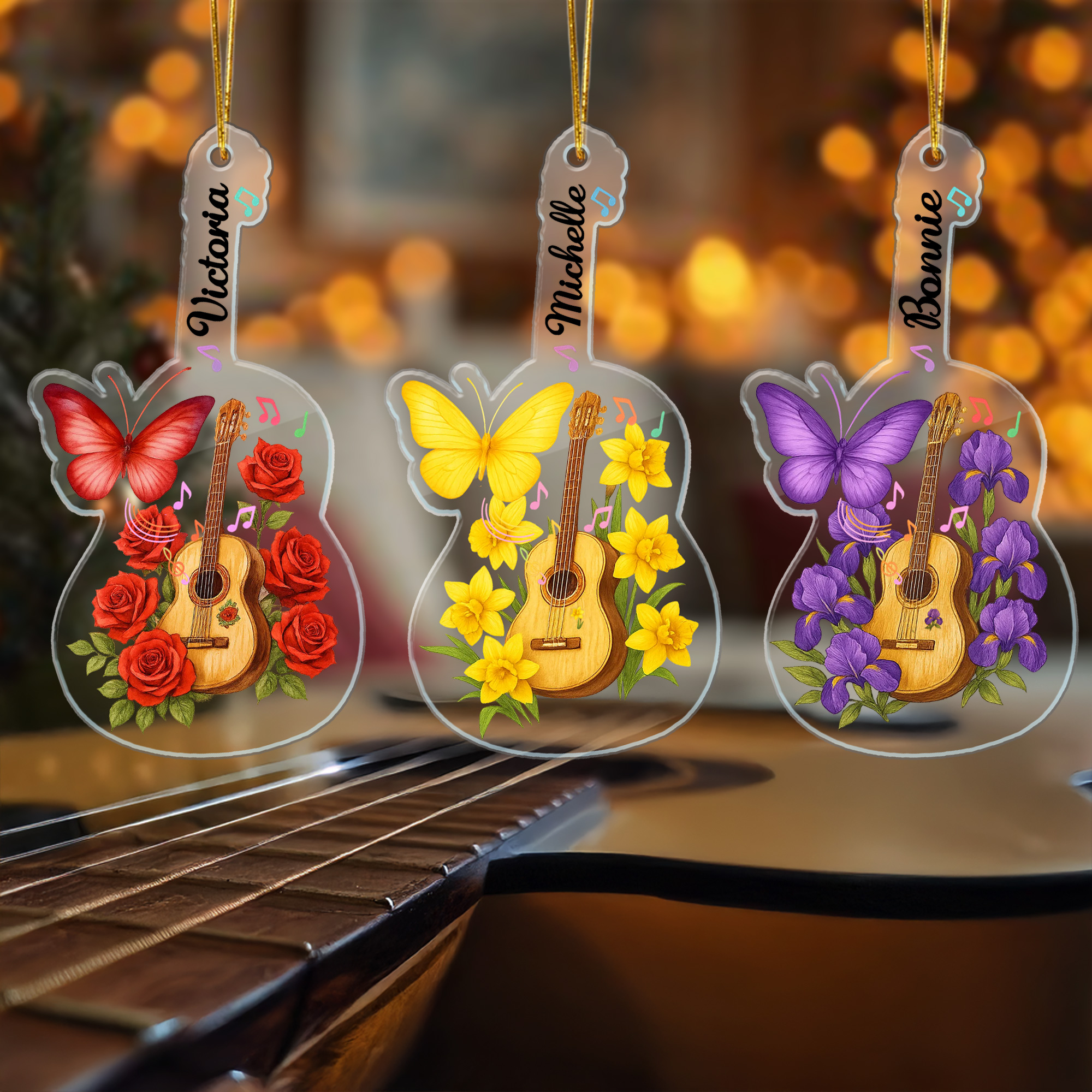 Ornement personnalisé en acrylique transparent avec nom Guitar Birth Flower Butterfly Décoration de la maison Noël Cadeau de pendaison de crémaillère pour les amoureux de la musique