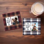 Personalized You Are the Greatest Hero Buffalo Plaid Design Ceramic Coaster with Photo Birthday Father's Day Christmas Gift for Dad