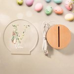 Personlig akryl LED nattlampa med blommig initial och söt kanin med träsockel och namn perfekt hemdekoration påskfest födelsedagspresent för barn