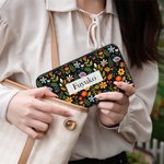 Personalized Folk Art Flower Large PU Leather Name Hand Wallet with Multiple Compartments and Metal Zipper Birthday Anniversary Gift for Woman