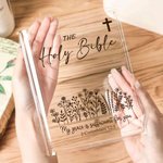 Personalized The Holy Bible Cross Flower Clear Book Vase with Title Room Decor Religious Baptism Birthday Gift for Women Christians
