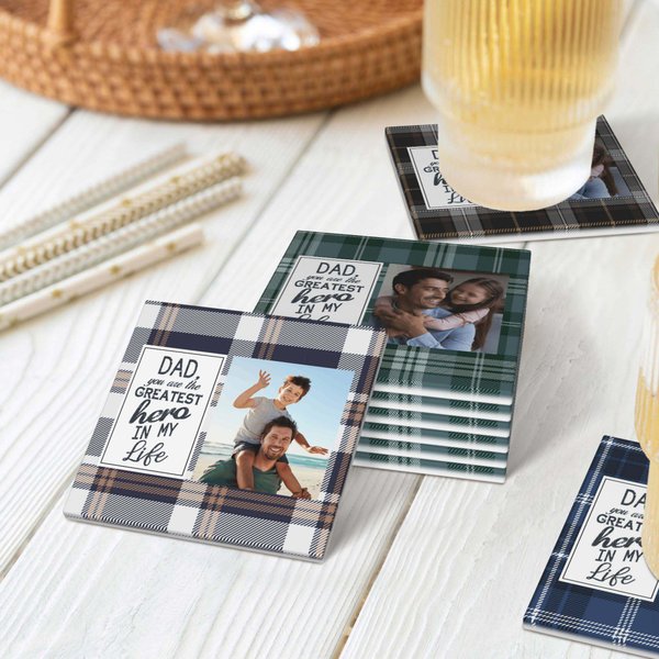 Sous-verre en céramique avec photo personnalisé You Are the Greatest Hero Buffalo Plaid Design Birthday Father's Day Christmas Gift for Dad
