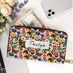 Personalized Folk Art Flower Large PU Leather Name Hand Wallet with Multiple Compartments and Metal Zipper Birthday Anniversary Gift for Woman