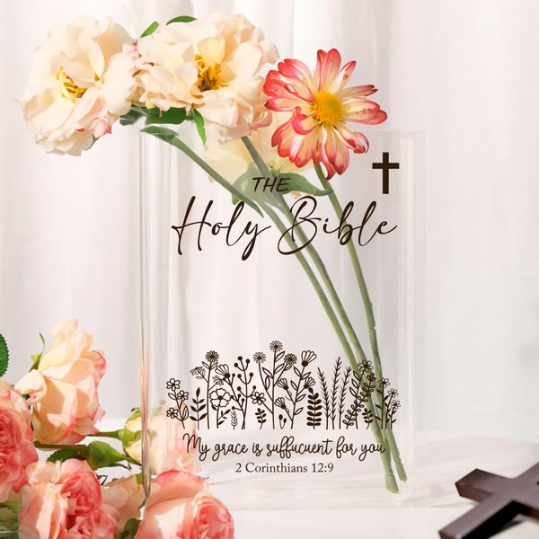 Personalized The Holy Bible Cross Flower Clear Book Vase with Title Room Decor Religious Baptism Birthday Gift for Women Christians