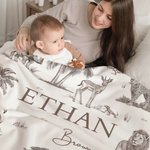 Personalised Cute Jungle Animals Soft Throw Blanket with First Name and Last Name Nursery Decor Birthday Baby Shower Gift for Kids Newborns