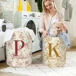 Personalized Toile De Jouy Floral Initial Collapsible Large Capacity Laundry Storage Basket with Name Housewarming Christmas Gift for Family