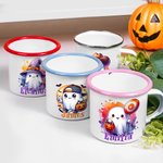 Taza esmaltada personalizada de 12 oz con nombre Truco o Trato Uso Fiesta de Halloween Regalo para Niños Niñas