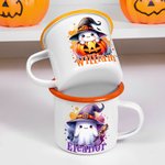 Taza esmaltada personalizada de 12 oz con nombre Truco o Trato Uso Fiesta de Halloween Regalo para Niños Niñas