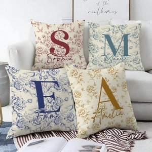 Personalisierte Toile De Jouy Floral Initial weichen Wurf Kissenbezug mit Namen Home Decor Geburtstag Weihnachten Geschenk für Frauen