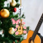 Ornement personnalisé en acrylique transparent avec nom Guitar Birth Flower Butterfly Décoration de la maison Noël Cadeau de pendaison de crémaillère pour les amoureux de la musique