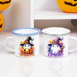 Taza esmaltada personalizada de 12 oz con nombre Truco o Trato Uso Fiesta de Halloween Regalo para Niños Niñas