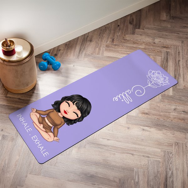 Personalised Cartoon Yoga Character Birth Flower Yoga Mat with Name and Text Sports Accessories Birthday Gift for Women Yoga Lovers