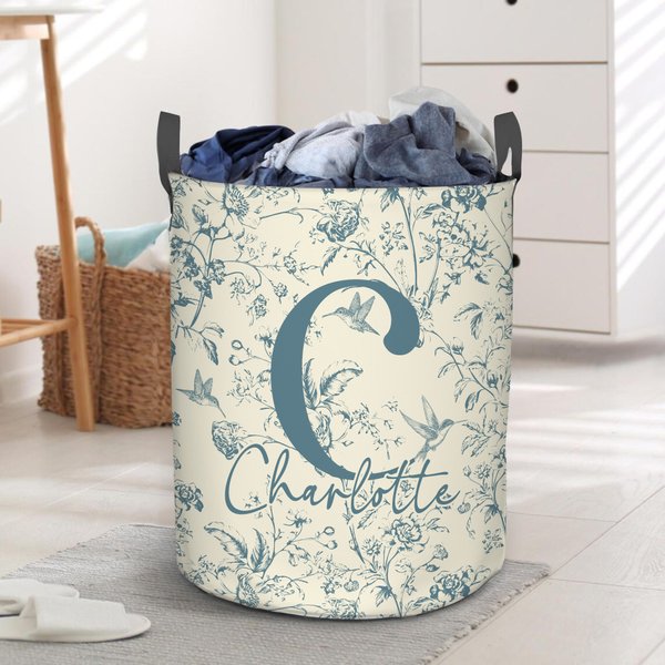Personalized Toile De Jouy Floral Initial Collapsible Large Capacity Laundry Storage Basket with Name Housewarming Christmas Gift for Family