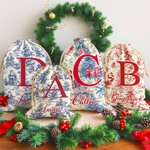 Personalized Vintage Toile De Jouy Santa Claus Initial Canvas Drawstring Gift Bag with Name Christmas Gift for Family Friends