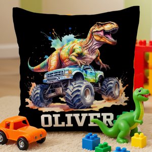 Personalized Dinosaur Truck Soft Throw Pillow Cover with Name Room Decor Birthday Christmas Gift for Boys Girls