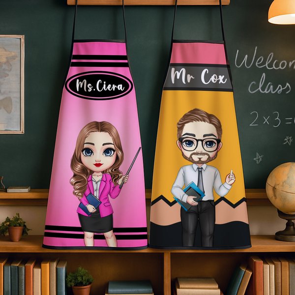 Personalized Cartoon Teacher Pencil Crayon Apron with Text Teacher's Day Back to School Appreciation Gift for Teacher