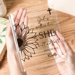 Personalised Sunflower Cross Bible Quotes Clear Book Vase with Name Aesthetic Room Decor Baptism Birthday Gift for Women Christians