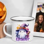 Taza esmaltada personalizada de 12 oz con nombre Truco o Trato Uso Fiesta de Halloween Regalo para Niños Niñas