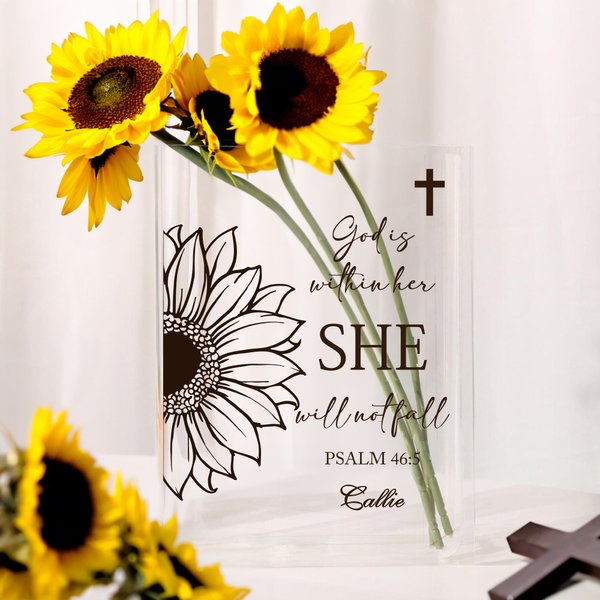 Personalised Sunflower Cross Bible Quotes Clear Book Vase with Name Aesthetic Room Decor Baptism Birthday Gift for Women Christians
