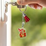 Porte-clés acrylique personnalisé Guitar Birth Flower Butterfly avec nom et pompon Charme de sac Cadeau d'anniversaire de Noël pour les amateurs de musique et les guitaristes