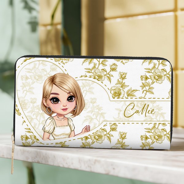 Personalized Vintage Floral Cartoon Character PU Leather Handheld Wallet with Name Multiple Compartments Wedding Anniversary Gift for Women