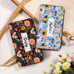 Personalized Folk Art Flower Large PU Leather Name Hand Wallet with Multiple Compartments and Metal Zipper Birthday Anniversary Gift for Woman