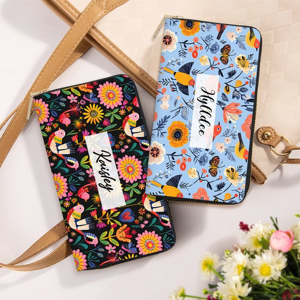 Personalised Folk Art Flower Large PU Leather Name Hand Wallet with Multiple Compartments and Metal Zipper Birthday Anniversary Gift for Woman