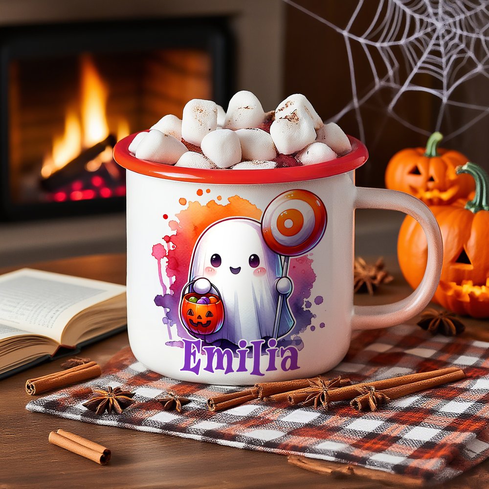Personlig Söt Spökpumpa 12 oz Emaljmugg med Namn Trick or Treat Används Halloween Party Present för pojkar flickor