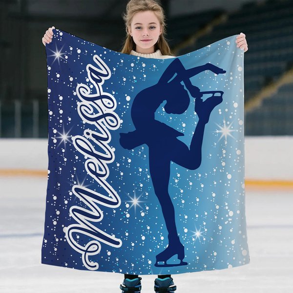 Personalized Skating Girl Silhouette Soft Throw Blanket with Name Home Decor Game Day Birthday Gift for Skating Enthusiasts