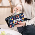 Personalized Folk Art Flower Large PU Leather Name Hand Wallet with Multiple Compartments and Metal Zipper Birthday Anniversary Gift for Woman