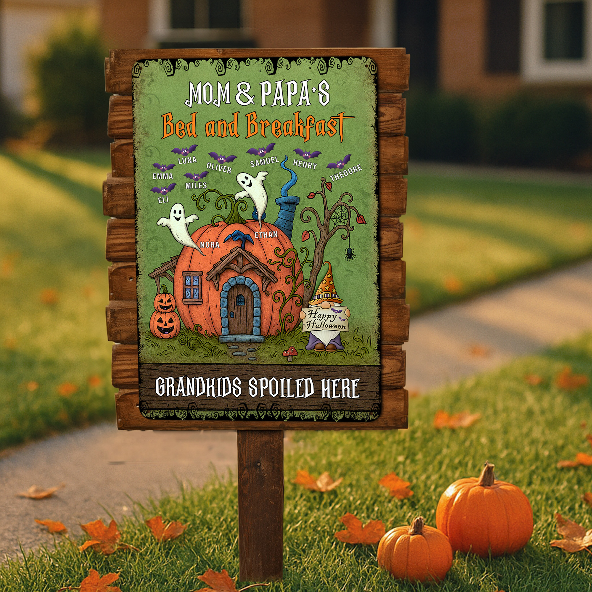 Panneau vertical en métal personnalisé avec nom et titre Décoration de jardin Halloween Cadeau pour grands-parents amateurs de jardinage