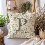 Personalised Toile De Jouy Floral Initial Soft Throw Pillow Cover with Name Home Decor Birthday Christmas Gift for Women