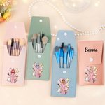 Personalized Cartoon Pajama Girl Name Portable PU Leather Makeup Brush Bag with 8 Pcs Brushes Pajama Party Bridesmaid Birthday Gift for Women