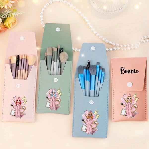 Personalised Cartoon Pyjama Girl Name Portable PU Leather Makeup Brush Bag with 8 Pcs Brushes Pyjama Party Bridesmaid Birthday Gift for Women