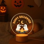 Personalized Cute Ghost Halloween Acrylic Night Light with Wooden Base and Text Halloween Gift for Friend Family