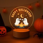 Personalized Cute Ghost Halloween Acrylic Night Light with Wooden Base and Text Halloween Gift for Friend Family