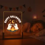 Veilleuse fantôme en acrylique avec texte et base en bois ajustable 7 lumières Décoration de bureau Cadeau d'Halloween pour la famille et les amis