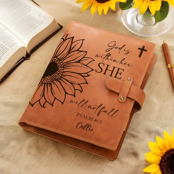 Personalized Bible Verse Sunflower Portable A5 PU Leather Notebook Cover with Text and Pocket Birthday Christian Inspirational Gift for Women