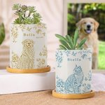 Personalised Toile De Jouy Flower Pet Photo Ceramic Planter Pot with Name Drainage Hole and Bamboo Base Loss of Pet Memorial Gift for Pet Owner