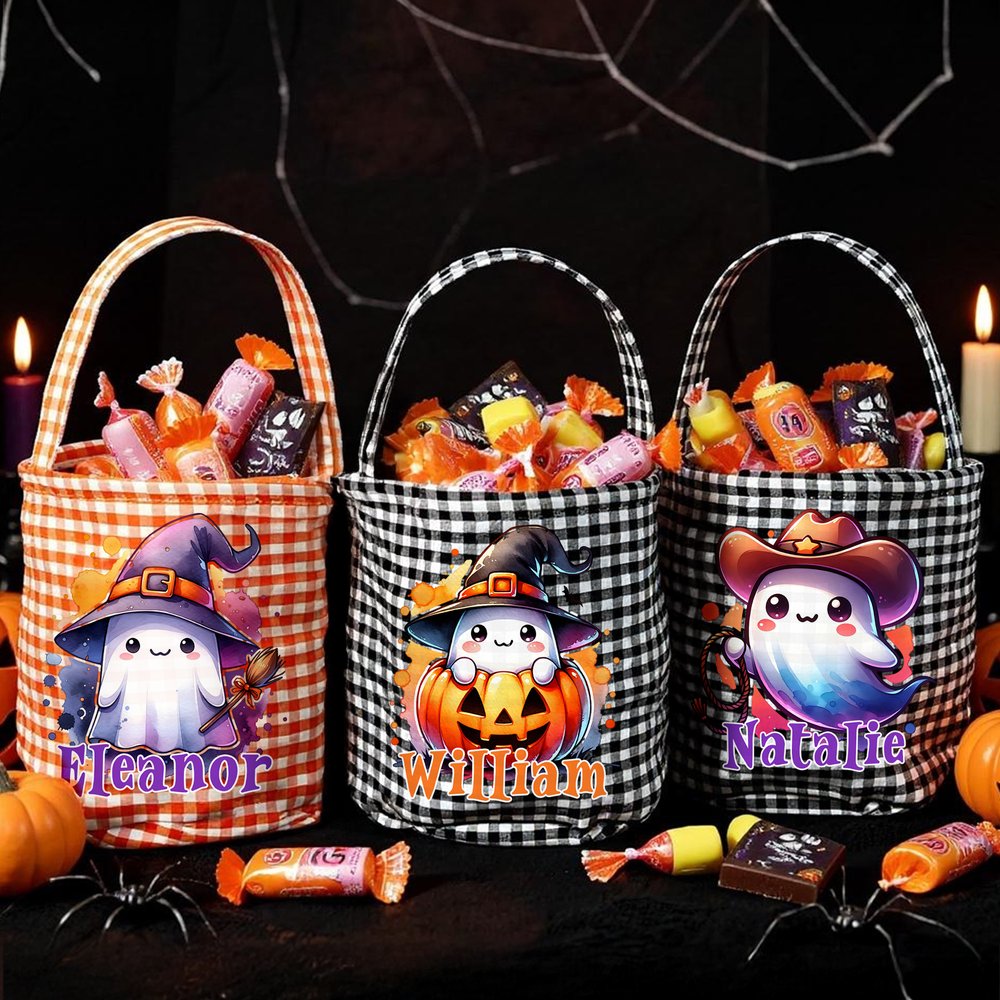 Personlig söt pumpa magisk hatt spöke rutig godishink med namn Halloween festgåva för barn