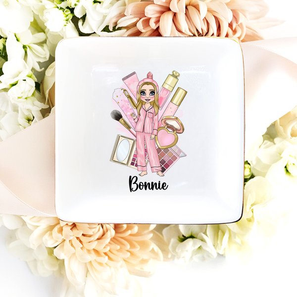 Personalized Cartoon Pajama Girl Ceramic Trinket Jewelry Dish with Name Friendship Pajama Party Birthday Gift for Sisters Friends
