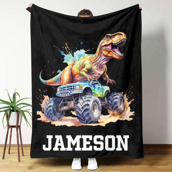 Personalised Dinosaur Off-Road Vehicle Soft Throw Blanket with Name Home Decor Christmas Birthday Gift for Kids