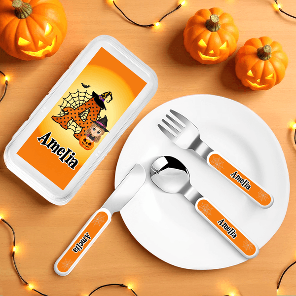 Personalisierte niedlichen Cartoon-Charakter Spinnennetz Kinder Gabel Löffel Messer 3 Stück Besteck Set mit Namen Halloween Party Geburtstag Geschenk für Kinder