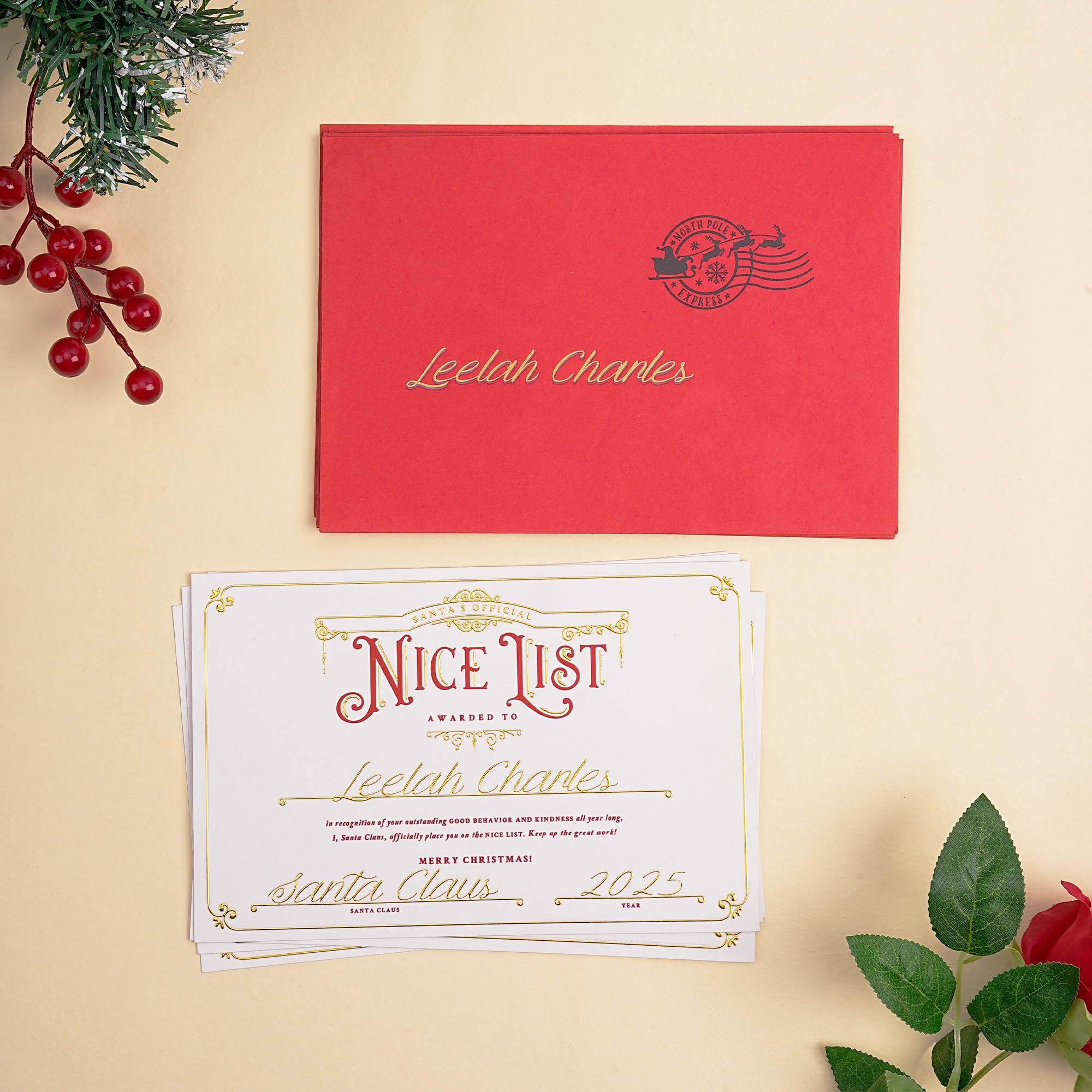 Personnalisé 2025 Lettre du Père Noël avec papier d'aluminium doré Certificat avec enveloppe Cadeau de Noël pour Garçons Filles